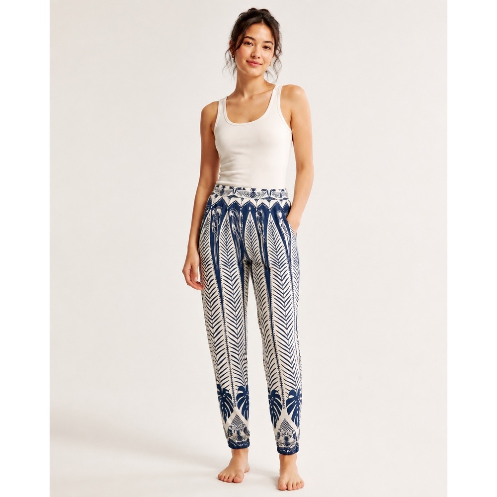 Farm Rio Tropez Joggers Blue White Tropical Bird Linen Blend Pants XS Petite